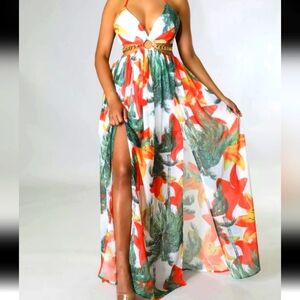 Maxi dress tropical chain decor split thigh Tie Back. Xl Beautiful!